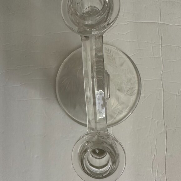 Mid Century Candle holder Crystal candle holder clear glass with Etched flower d - Picture 4 of 6